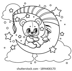 Cute cartoon teddy bear sits on the crescent moon and tells something outlined for coloring on a white background
