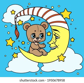 El oso de peluche de caricatura se sienta en la luna creciente y dice algo de variación de color para la página de color aislada en fondo blanco