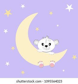 Cute Cartoon teddy bear sitting on the moon. Sweet kids graphics for t-shirts. Greeting card.