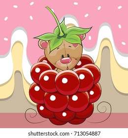 Cute Cartoon Teddy Bear is sitting inside a raspberry