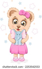 Cute cartoon teddy bear with a soft toy elephant
