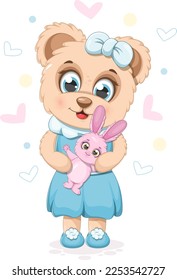 Cute cartoon teddy bear with a soft toy bunny