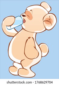 Cute Cartoon Teddy bear stands and drinks water
