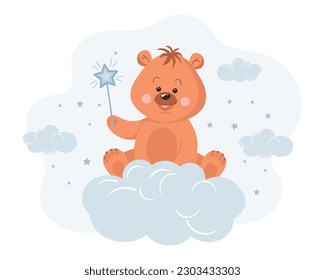 Cute cartoon teddy bear with a star on a cloud. Baby illustration, greeting card, vector