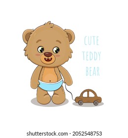 Cute cartoon teddy bear with a toy car.Vector illustration