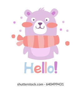 Cute cartoon teddy bear. Toy bear saying Hello, colorful vector Illustration
