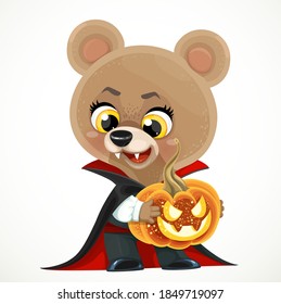 Cute cartoon teddy bear vampire in a cloak with a jack lantern in hands isolated on white background