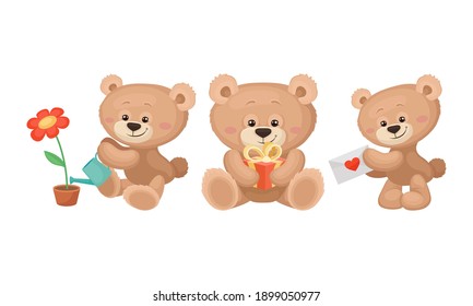 Cute Cartoon Teddy Bear Watering Flower and Holding Gift Box Vector Set