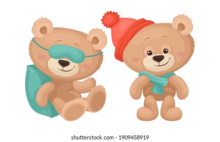 Cute Cartoon Teddy Bear Wearing Warm Hat and Sleeping on Pillow Vector Set