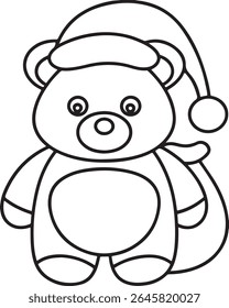 Um urso de pelúcia de desenho animado vestindo um chapéu de Papai Noel e um cachecol, apresentado como um simples esboço de ilustração em preto e branco isolado em um fundo branco.