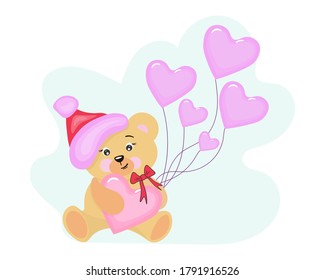 Cute cartoon teddy bear in a winter hat with air balloons and hearts.
For greeting cards, flyers, labels.
Vector isolated.