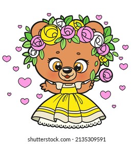 Cute cartoon teddy bear in yellow princess dress and wreath of roses color variation for coloring page on a white background