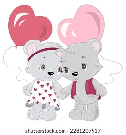 Cute cartoon teddy bears with heart balloons on a white background