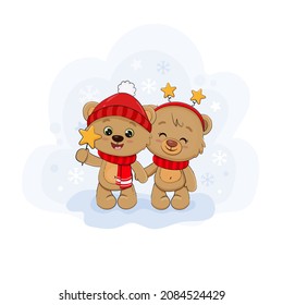 Cute cartoon teddy bears with knitted cap, scarf and stars. Christmas card. New Year. Season's Greetings. Vector illustration