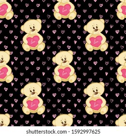 Cute cartoon Teddy bears with red heart seamless pattern. Vector baby background. Children seamless pattern for fabric, background, gift paper, wallpaper.
