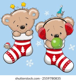 Cute Cartoon Teddy Bears is sitting in Christmas socks