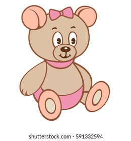 Cute cartoon teddy girl bear. Vector illustration isolated on white