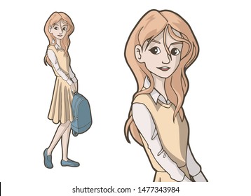 Cute cartoon teenage girl wearing yellow dress standing with a backpack. Vector illustration. Isolated objects on white background. Teenager's life.