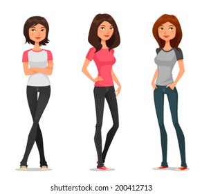 cute cartoon teenage girls in casual fashion. Beautiful young women in jeans. Cartoon character. Isolated on white.