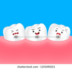 Cute cartoon teeth braces. Dental care concept. Illustration.