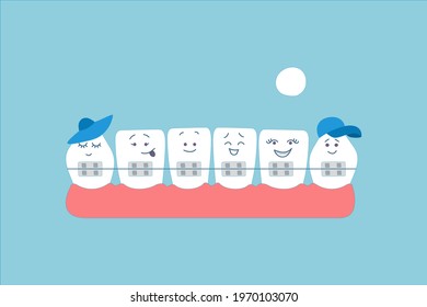 Cute cartoon teeth with braces relax and enjoy the peace