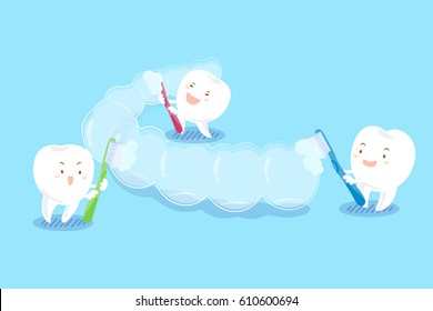 cute cartoon teeth brush invisible braces on blue background