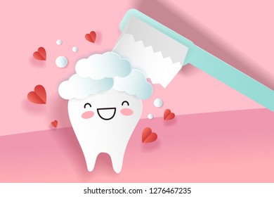 cute cartoon teeth brushing happily with gum