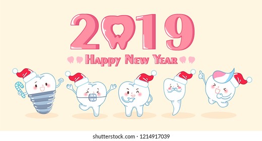 cute cartoon teeth celebrate christmas and 2019 new year