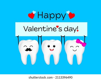 Cute cartoon teeth character. Happy valentines day. Illustration on blue background.
