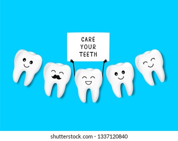 Cute cartoon teeth character with paper sign. Care your teeth concept. Vector illustration isolated on blue background.