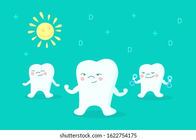 Cute cartoon teeth character. Strong healthy white teeth. Vector illustration