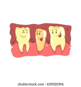 Cute cartoon teeth characters with funny faces in a mouth vector Illustration