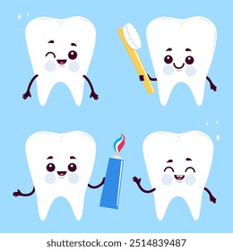 Personajes lindos de los dientes de la historieta con el cepillo de dientes y la pasta de dientes. Conjunto de caracteres de higiene dental. Ilustración vectorial