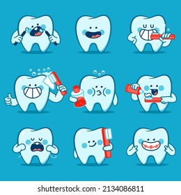Cute cartoon teeth characters vector set isolated on background.
