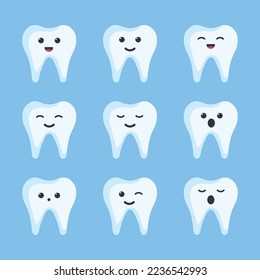 Cuta colección de dientes de dibujos animados. Ilustración plana con dientes de dibujos animados con diferentes emociones. Ilustración de vectores de caracteres de dibujos animados dentales.