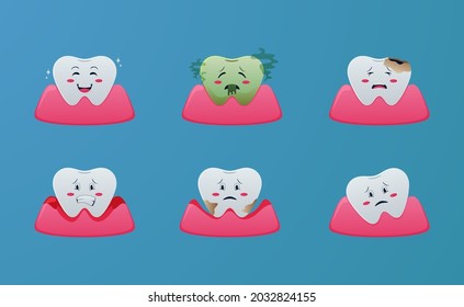 Cute cartoon teeth disease problem, gingivitis, periodontitis, bad breath, calculus, caries, illustration concept with blue background for dentist
