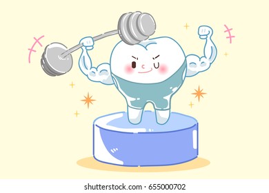 cute cartoon teeth in fitness on the yellow background