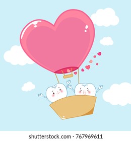 cute cartoon teeth with heart hot air balloon