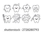 Cute cartoon teeth on a white background. Funny tooth with tooth paste, toothbrush and tooth in a foam cloud. Doodles. Vector illustration