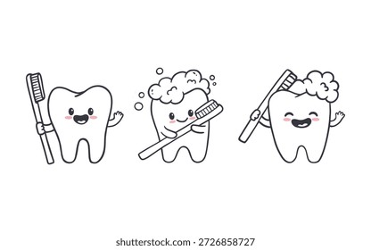 Lindos dentes de desenho animado sobre um fundo branco. Dente engraçado com pasta de dente, escova de dentes e dente em uma nuvem de espuma. Rabiscos. Ilustração vetorial

