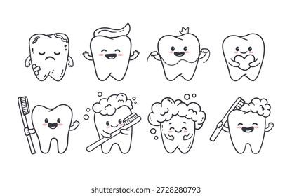 Lindos dentes de desenho animado sobre um fundo branco. Dente engraçado com pasta de dente, escova de dentes e dente em uma nuvem de espuma. Rabiscos. Ilustração vetorial