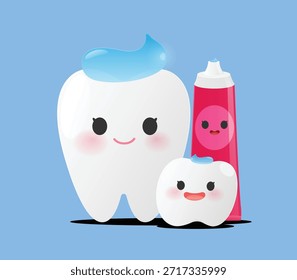 Cute cartoon teeth showing the different toothpaste amounts for adults and children, with friendly expressions and a clean dental theme. Cartoon tooth
