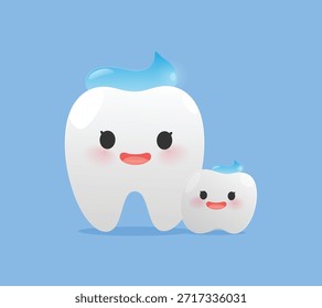 Cute cartoon teeth showing the different toothpaste amounts for adults and children, with friendly expressions and a clean dental theme. Cartoon tooth