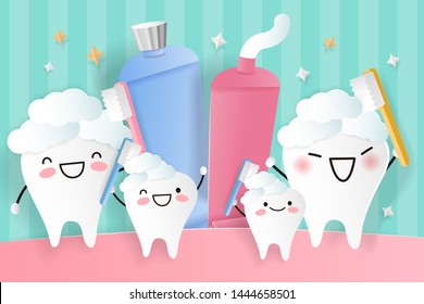 cute cartoon teeth smile and happy use toothbrush wash themselves