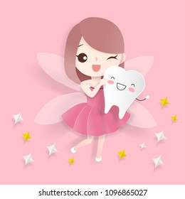 Cute Cartoon Teeth With Tooth Fairy On The Pink Background
