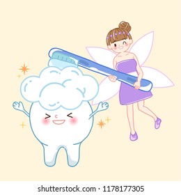cute cartoon teeth with tooth fairy on the yellow background
