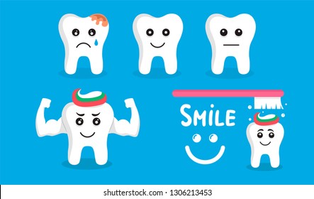 Cute cartoon teeth. Tooth on Blue Background.