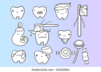 Cute cartoon teeth and toothbrush element set. Oral dental hygiene. Children teeth care poster. Vector illustration.
