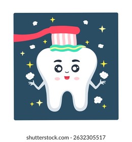 cute cartoon teeth and toothbrush. Illustration of toothbrush at night. Design concept for children with the theme of maintaining dental hygiene