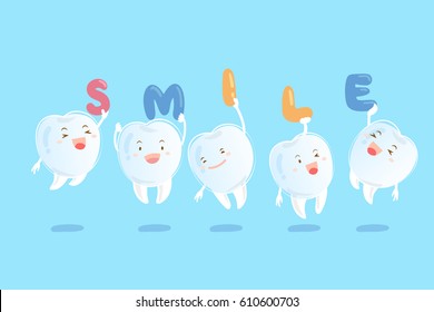 cute cartoon teeth wear invisible braces and take smile word